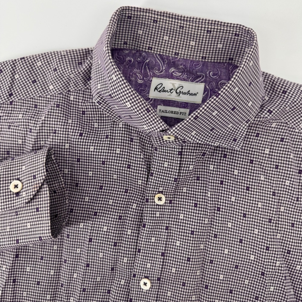 Robert Graham Button Down Mens 16 Purple Tailored Fit Micro Check Paisley Lining